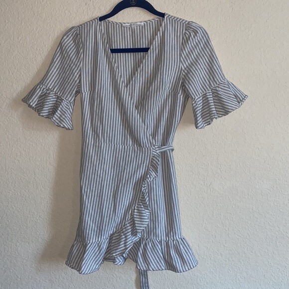 Etophe linen wrap dress striped ruffle boho small Womens flutter lagen cottage - Picture 1 of 14
